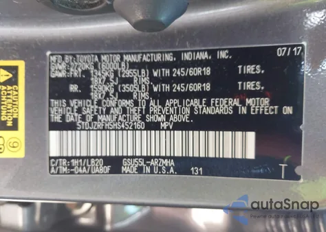 2017 Toyota Highlander Xle из США, поврежденный, VIN 5TDJZRFH5HS452160